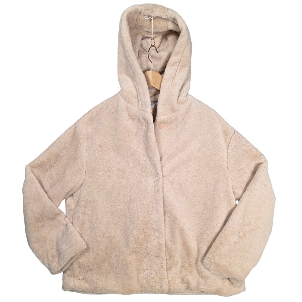 Favlux Faux Fur Hooded Jacket Womens L Beige EXCELLENT Outerwear Chic Comfy